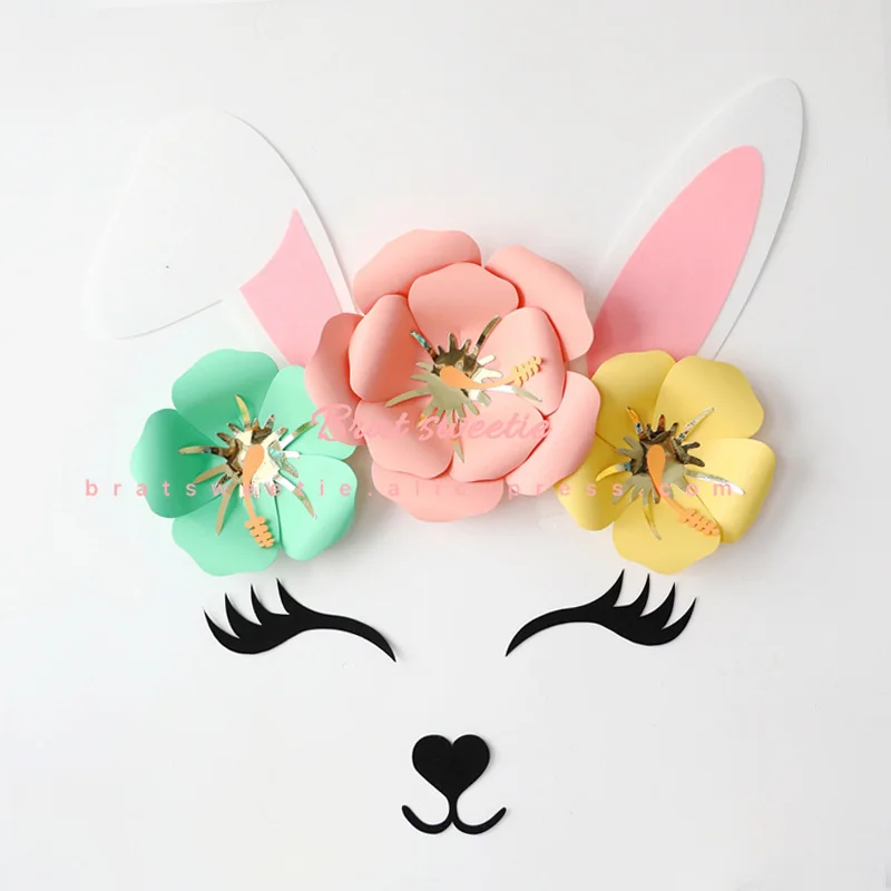 green rabbit set Вечерние бумажные цветы для настенного декора с изображением единорога, рога, ресниц, украшения для дня рождения и вечеринки, детский фон для фотосъемки своими руками - Цвет: green rabbit set