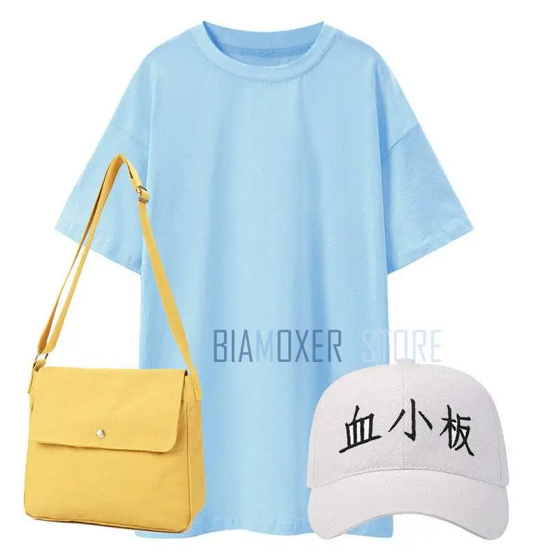 Biamoxer Cells At Work Platelet T-shirt Cap Bag Set Outfit Blue Top White hat Yellow Shoulder Bags Cosplay Costume Custom Made |