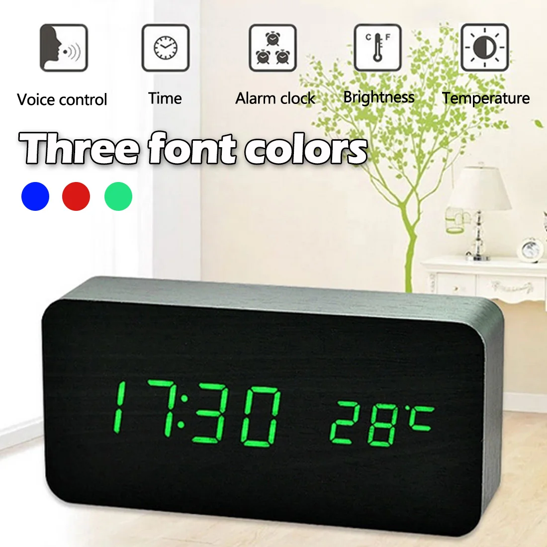 Цифровой Деревянный светодиодный Будильник с голосовым управлением деревянные