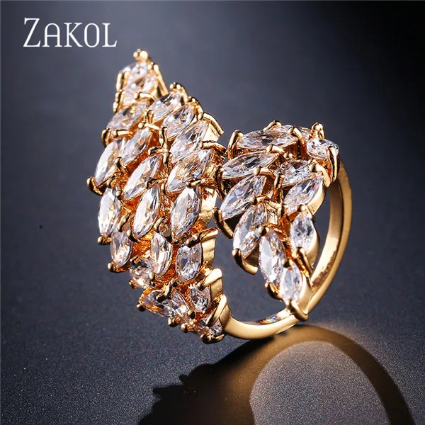 Gold Color ZAKOL Роскошные Крылья из циркона регулируемое кольцо Мода маркиза огранки кубического циркония Открытые Кольца для женщин Свадебные ювелирные изделия FSRP2009 - Цвет основного камня: Gold Color