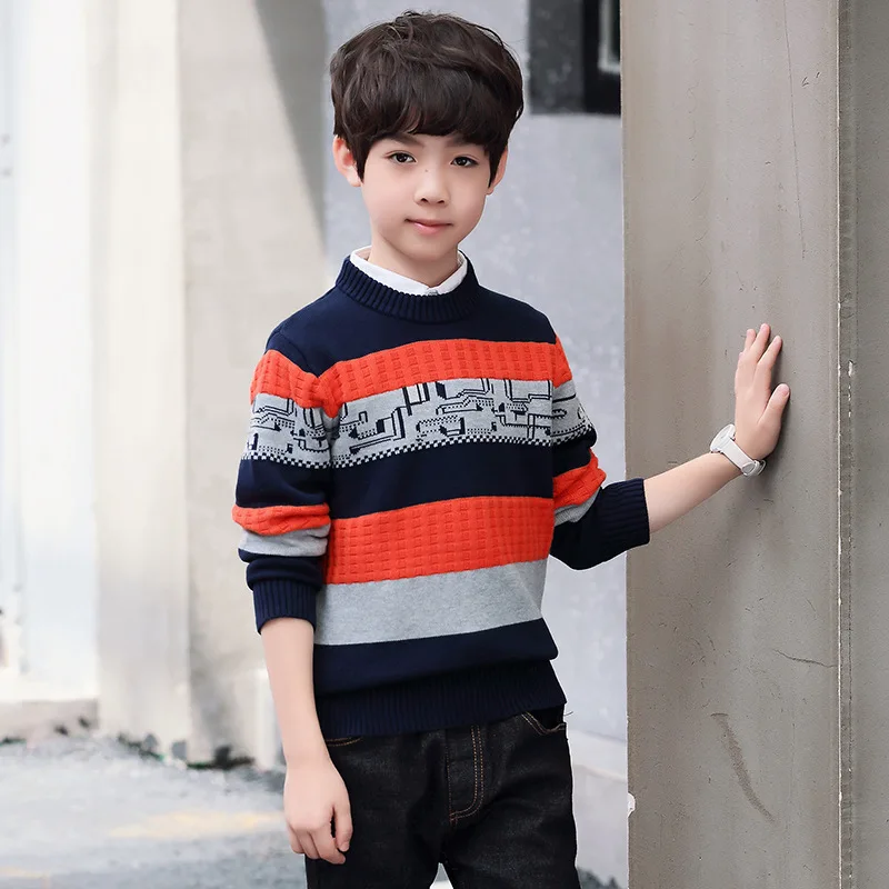 Зимние вязаные свитера одежда для мальчиков пуловер с круглым вырезом свитер