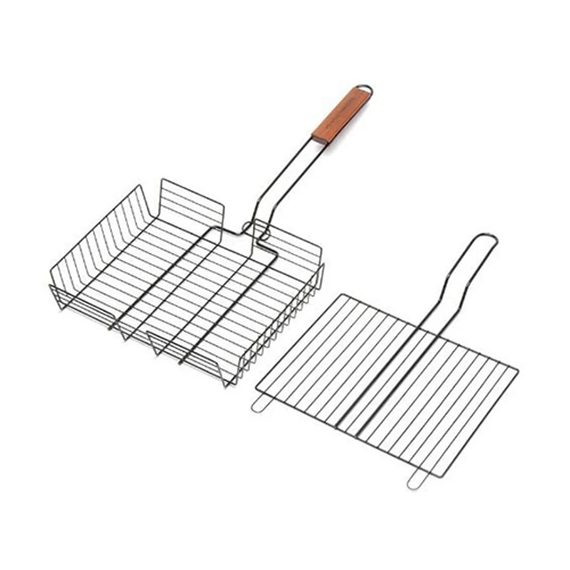 Антипригарная прямоугольная корзина для гриля с ручкой из палисандра барбекю