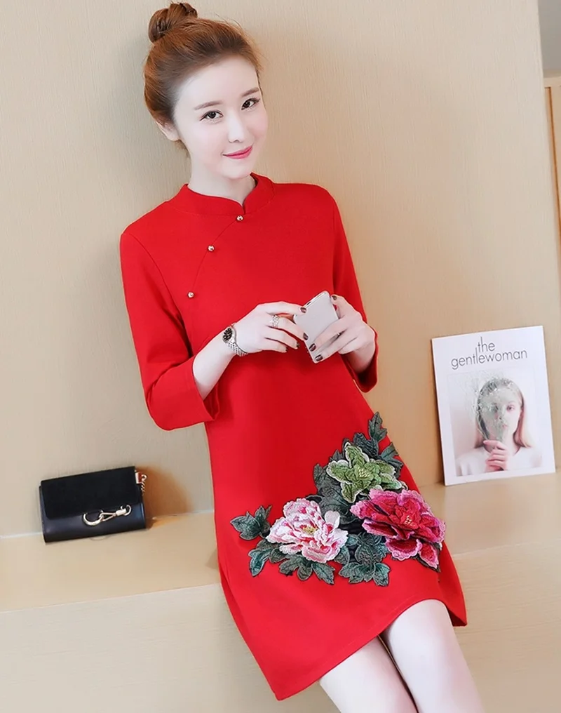 Женское платье осень Cheongsam Qipao женское восточное платье размера плюс Красное Ретро Новогоднее платье Элегантное китайское платье TA1599