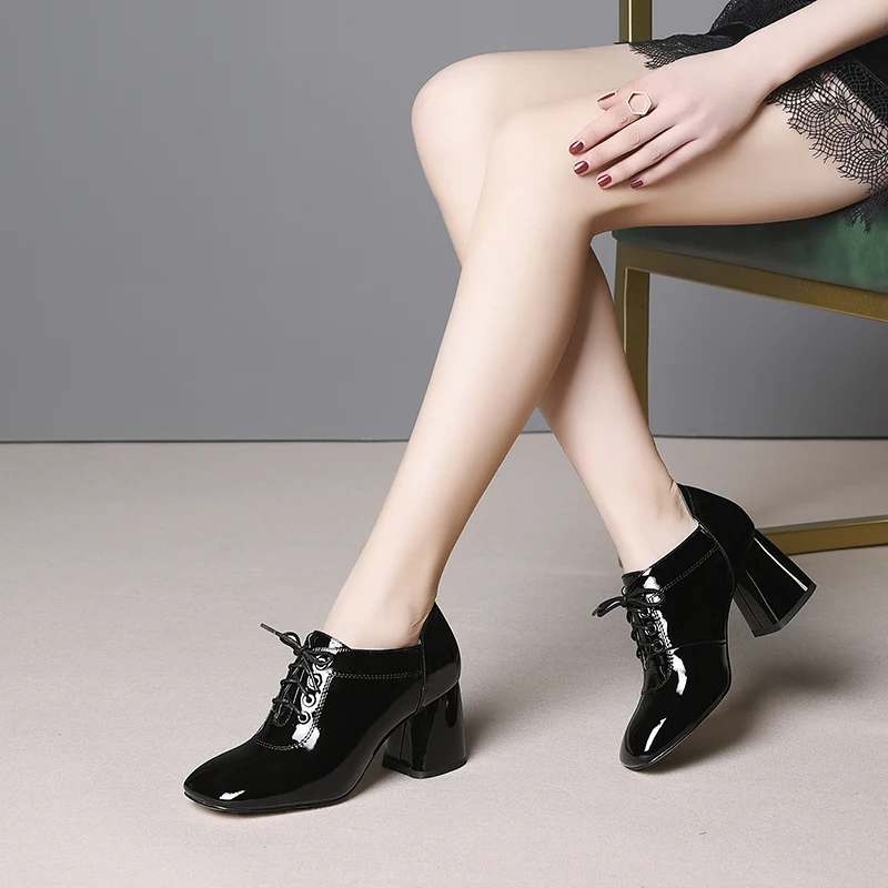 

ISNOM Patent Leather Women Pumps Lace Up Square Toe Footwear High Heels Ladies Shoes Fashion Mules Shoes Woman 2021 New Spring