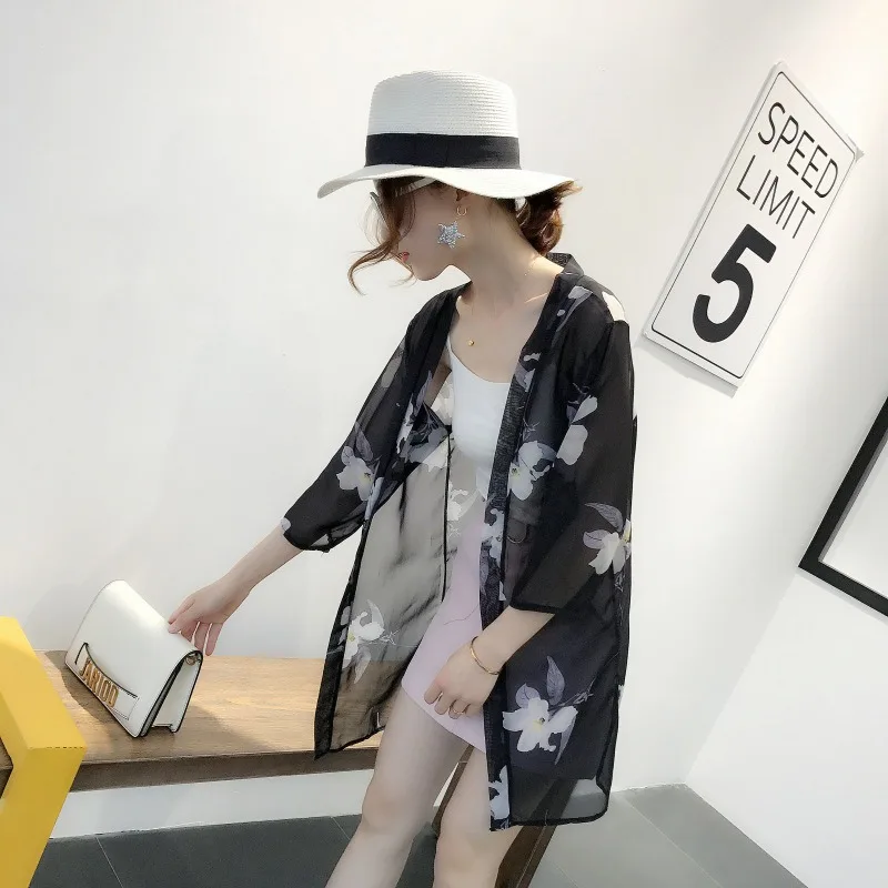 F Blusas летние женские кимоно кардиган Повседневная Свободная шифоновая блуза рубашки Бохо с цветочным принтом Длинная Верхняя одежда плюс размер - Цвет: F