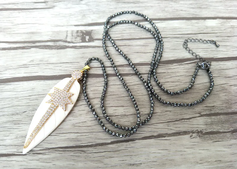 4 нити Гематит бусы ожерелье уникальный лист ox кости кулон CZ Циркон микро