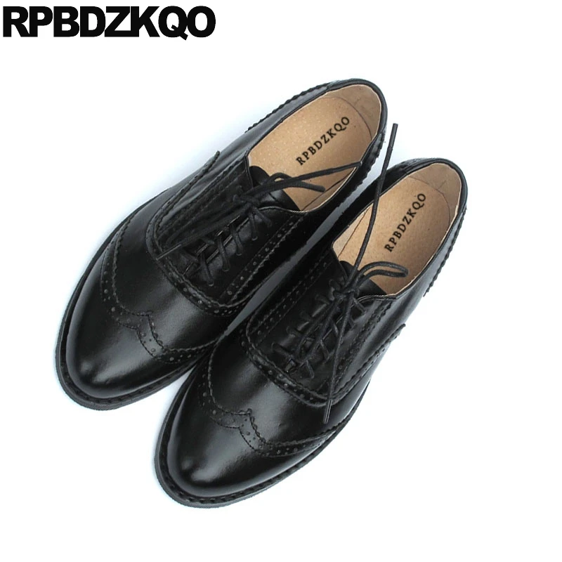 Фото Черного цвета с перфорацией типа броги Японская круглый носок на шнуровке 13 в стиле ретро Женские туфли