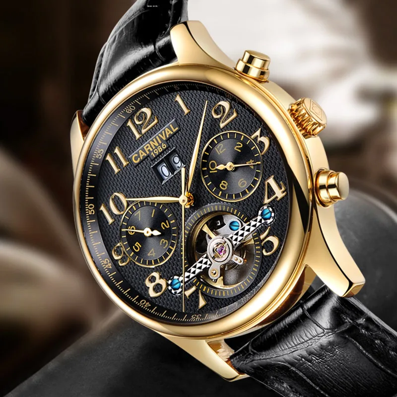 Tourbillon Мужские деловые модные часы, кожаные часы, мужские автоматические механические часы, водонепроницаемые relogi 25 rubies move men t, новинка - Цвет: Black leather gold