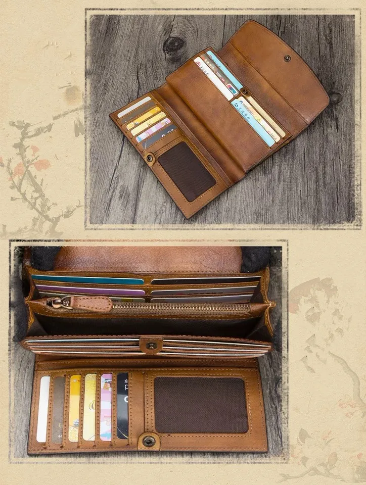 Vintage Designer Genuine Leather Women's Clutch Purse Cow Skin Blackish Green Female Large Trifold Wallet Lady Long Card Wallet