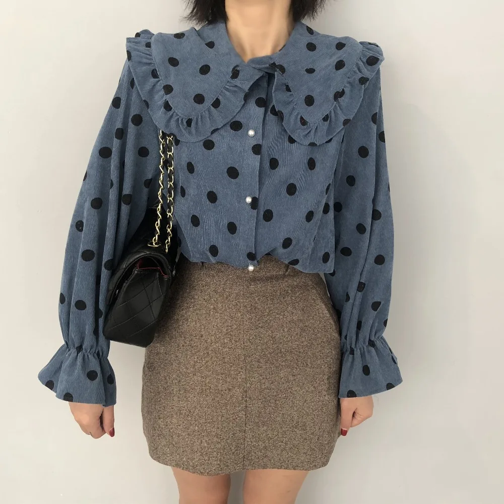 Блузка женская в горошек модная Вельветовая рубашка ретро стиле хлопковая с