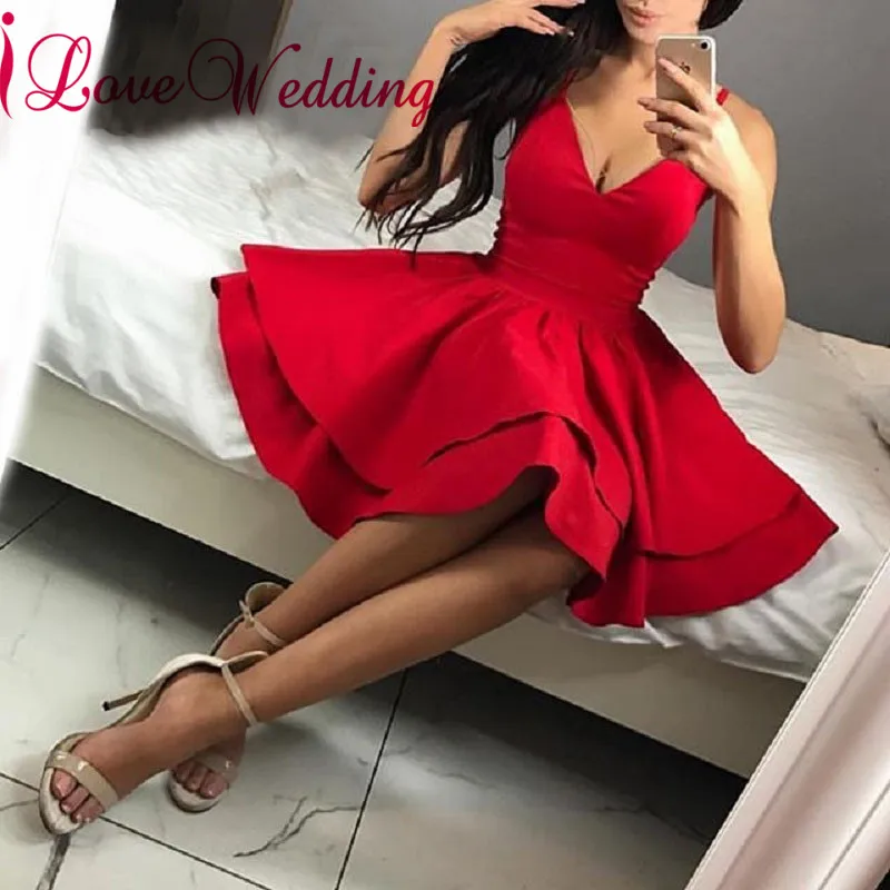 New Arrival Sexy V Neck Short Homecoming Dress A Line Two Layered Skirt Sleeveless Red Cheap Party Dresses