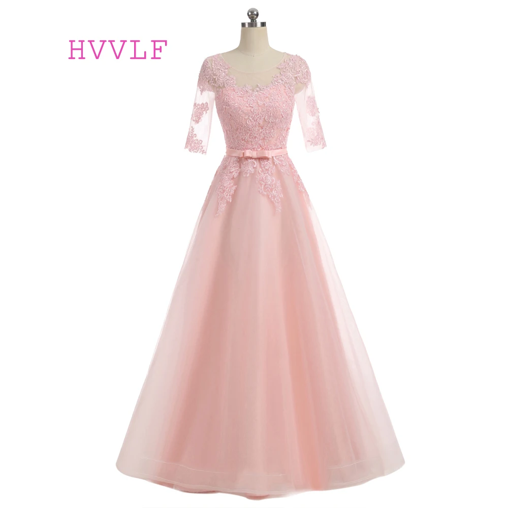 Розовые вечерние платья а силуэта с коротким рукавом Элегантное Длинное