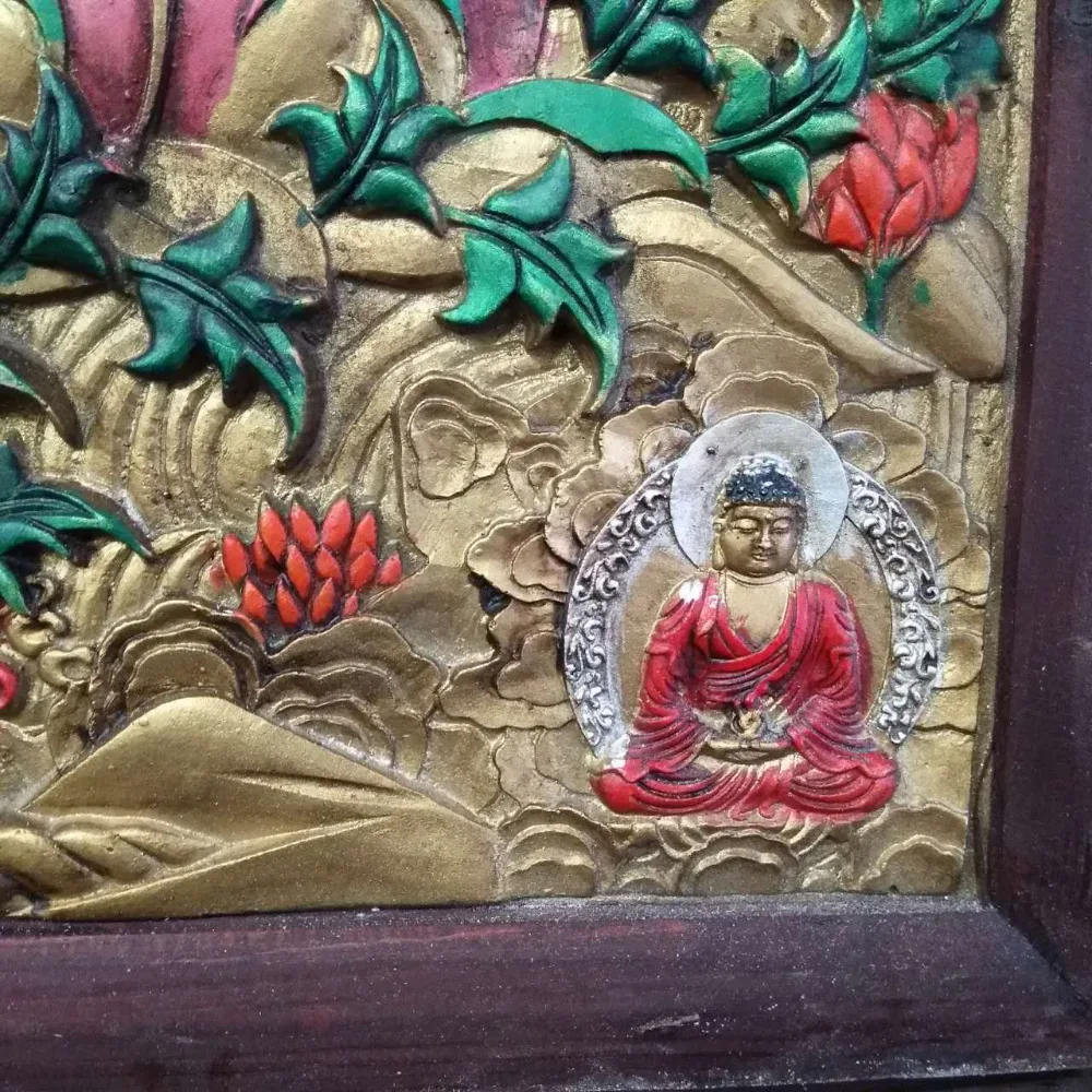 Tibet Wood Inlay Copper Painting Shakyamuni Amitabha Buddha Hang Wall Screen Buddhism Tathagata |