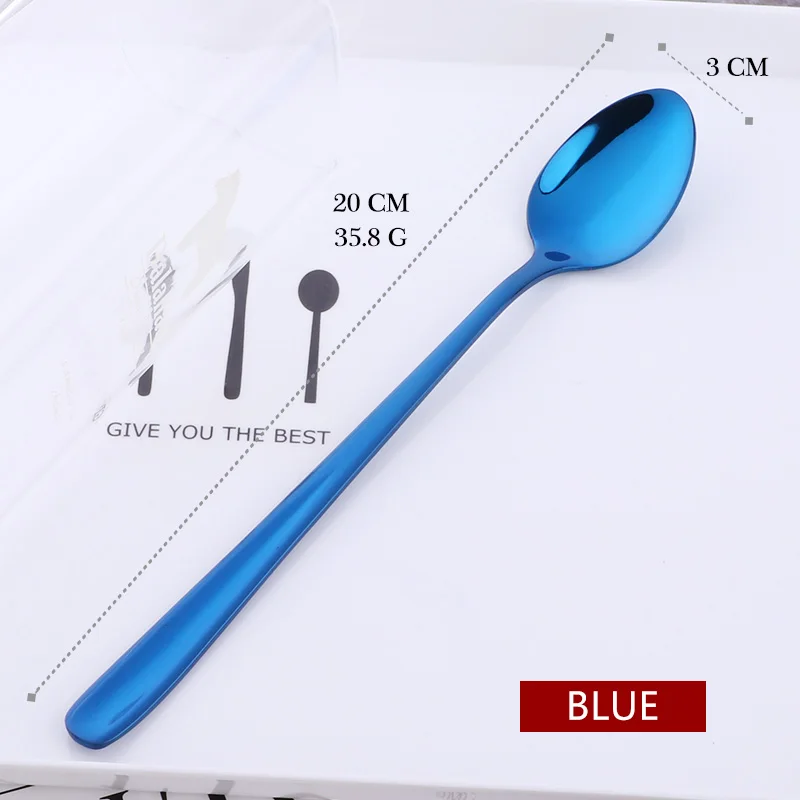 Blue-1PCS 1 шт., ложка для мороженого из нержавеющей стали, переливчатая Радуга, длинная ручка, десертный чай, кофе, золото, серебро, красочные ложки, столовые приборы - Цвет: Blue-1PCS