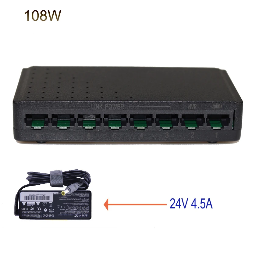 

108W 8 Port POE Switch Ethernet 24V 4.5A Adapter 100M Network IP Cameras NVR Uplink Network Switches 6 PoE HUB