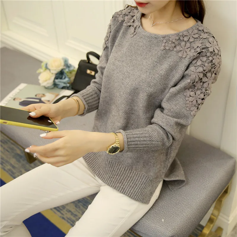 gray pull femme новые модные женские осенне-зимние кружевные лоскутные свободные вязаные свитера и пуловеры с длинным рукавом - Цвет: gray