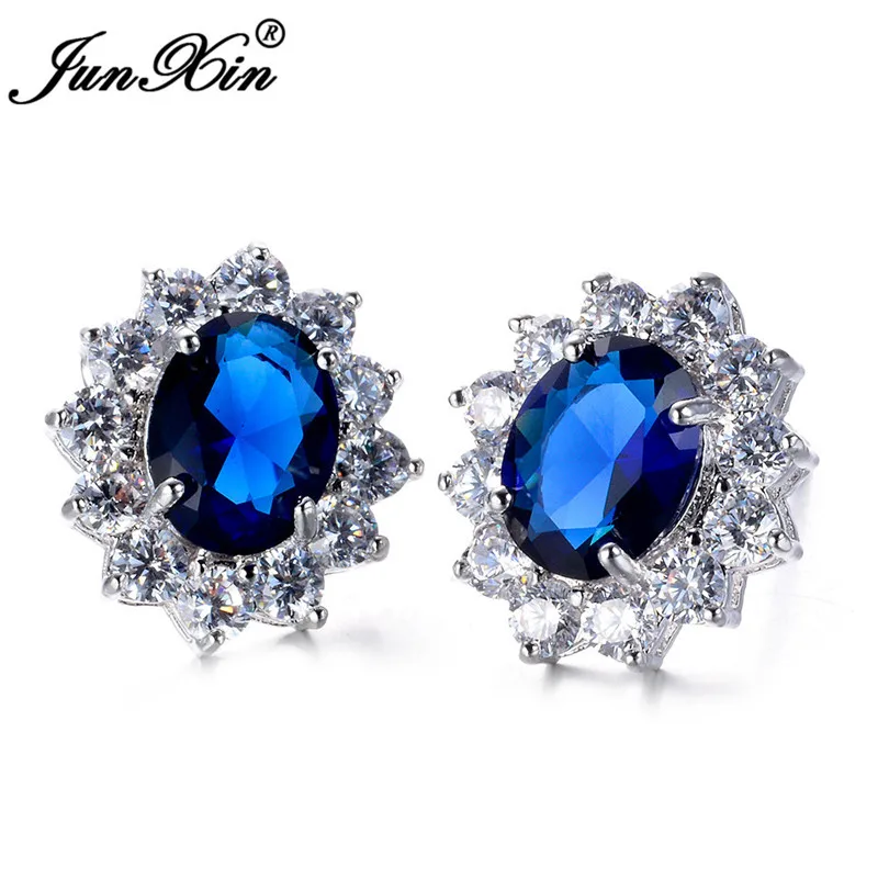 blue Роскошные женские Овальный Циркон клипсы с камнем серьги кристалл серебряные свадебные украшения розовый синий белый красный серьги для женщин Подарки - Окраска металла: blue