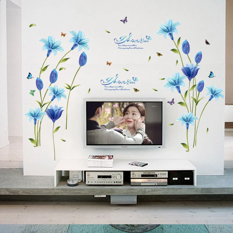 [Fundecoration] синие лилии наклейки на стену домашний Декор Гостиная Спальня Окно