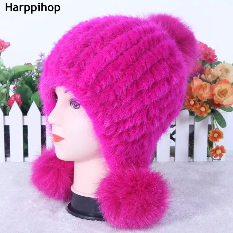 HARPPIHOP разноцветная норковая шапка женская зимняя меховая теплая шапка с ушками модная Милая настоящая норковая вязаная шапка из натурального меха - Цвет: rose