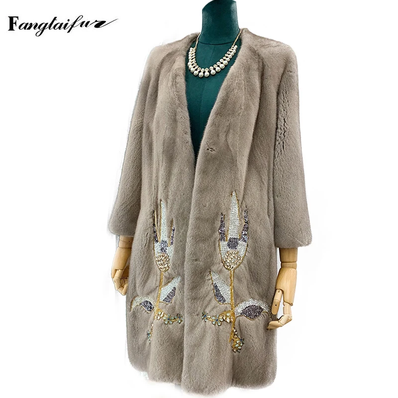 

Ftangaiur New Winter Women Import Velvet Mink Coat V-Neck Three Quarter Beading Mink Coats Women's Short Real Mink Fur Coats