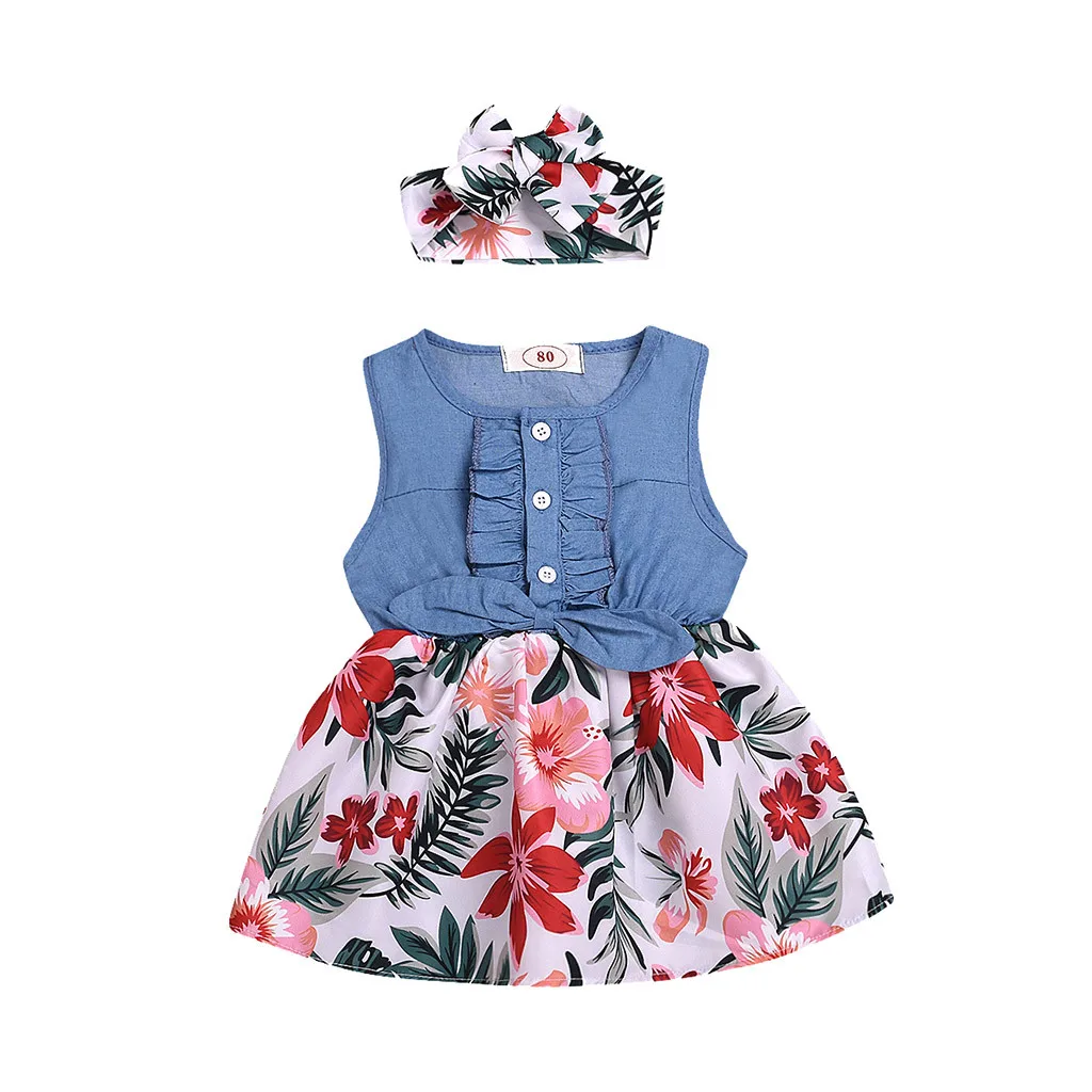 Solid Button Denim Dress Baby Girls Sleeveless Bow Flower Leaf Print Dress+Headband Outfits Princess Clothing M0507 | Детская одежда и