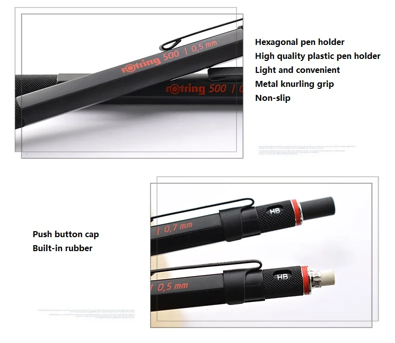 Механический карандаш Rotring 500 0,5 мм/0,7 мм, черный высококачественный пластиковый держатель для ручек, металлическая ручка с накаткой, автоматическая ручка для карандашей