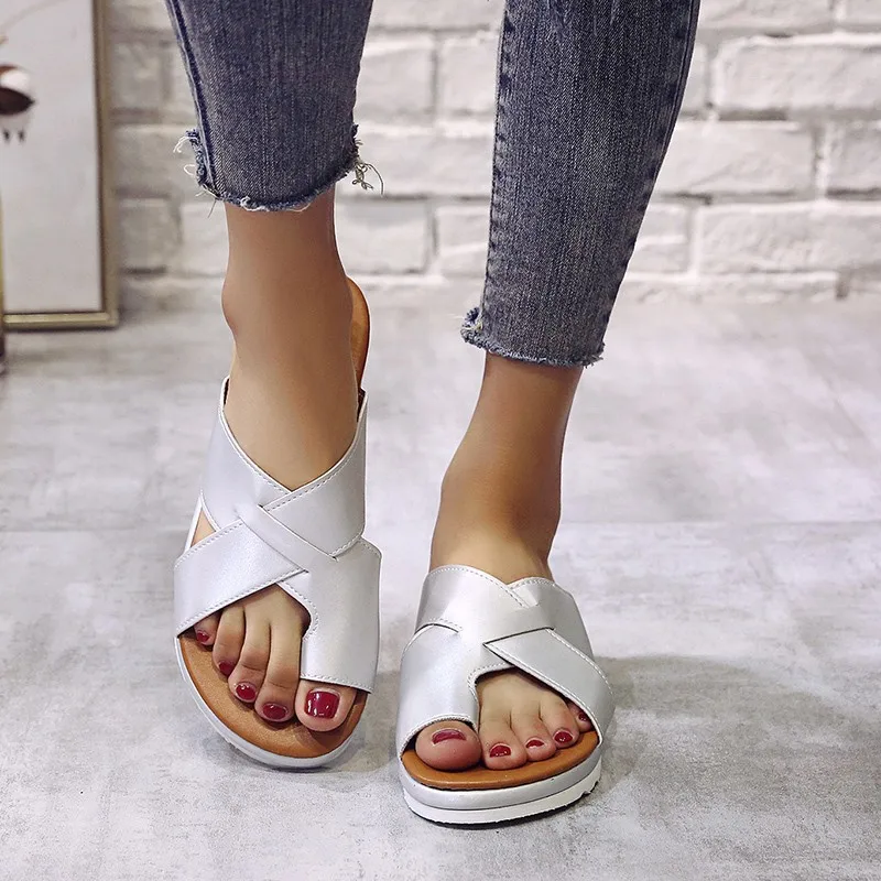 Rimocy fashion women silver slides 2019 summer beach casual slip on cross strap sandalias mujer flat heels platform slippers new |