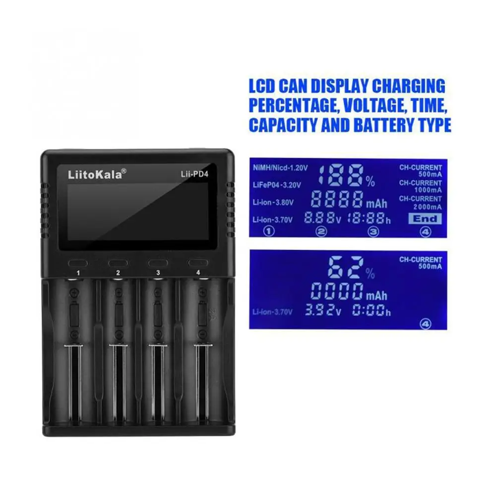 Liitokala Lii-PD4 18650 ЖК-дисплей зарядное устройство 26650 21700 14500 10440 4 слота NiMH Li-Ion Smart
