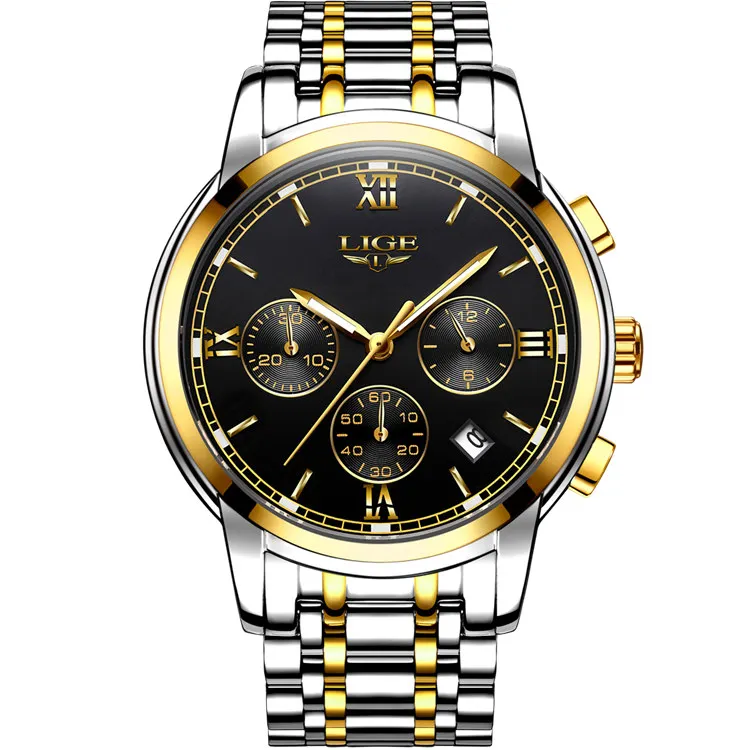 gold black steel Люксовый бренд LIGE часы мужские модные спортивные военные кварцевые часы мужские полностью стальные бизнес водонепроницаемые часы мужские Relogio Masculino - Цвет: gold black steel