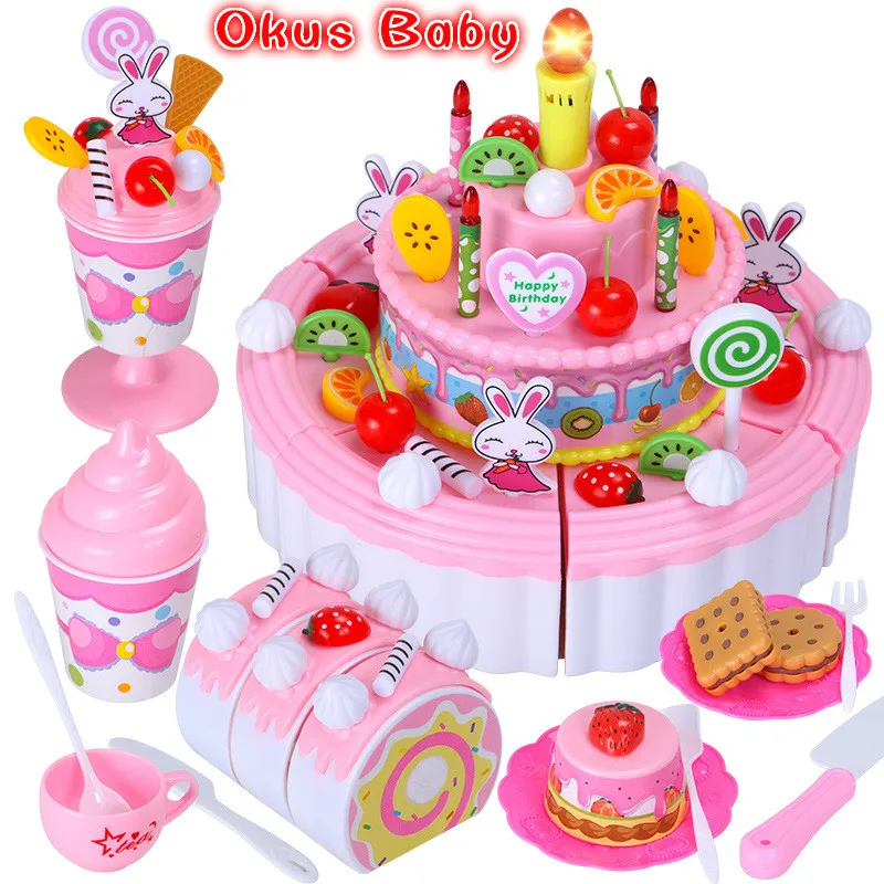 Newest 103Pcs DIY Pretend Play Fruit Cutting Birthday Cake Kitchen Food Toys Toy Pink Blue Girls Gift for Children | Игрушки и хобби