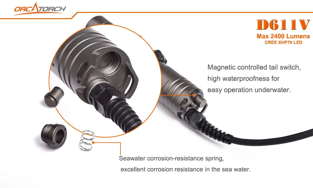 ORCATORCH D611V светодиодный фонарик для дайвинга CREE XHP70 светодиодный 2400lm для емкости для подводного плавания Goodman ручка фото/видео свет 150 м подводный