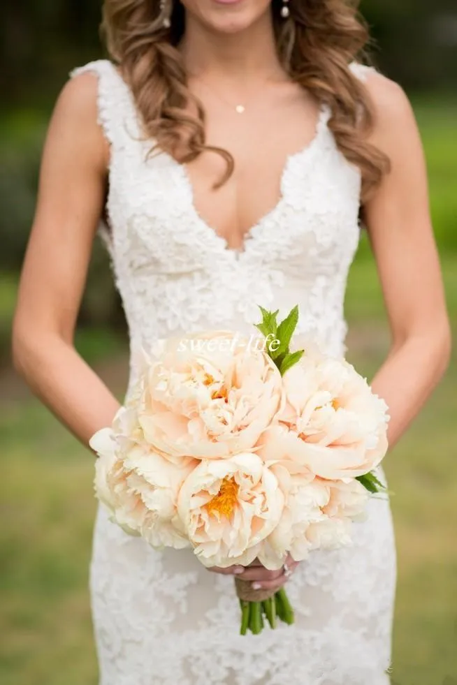 2017 Полное Кружева Свадебные Платья Глубокий V Шеи Спинки Рукавов Русалка Часовня