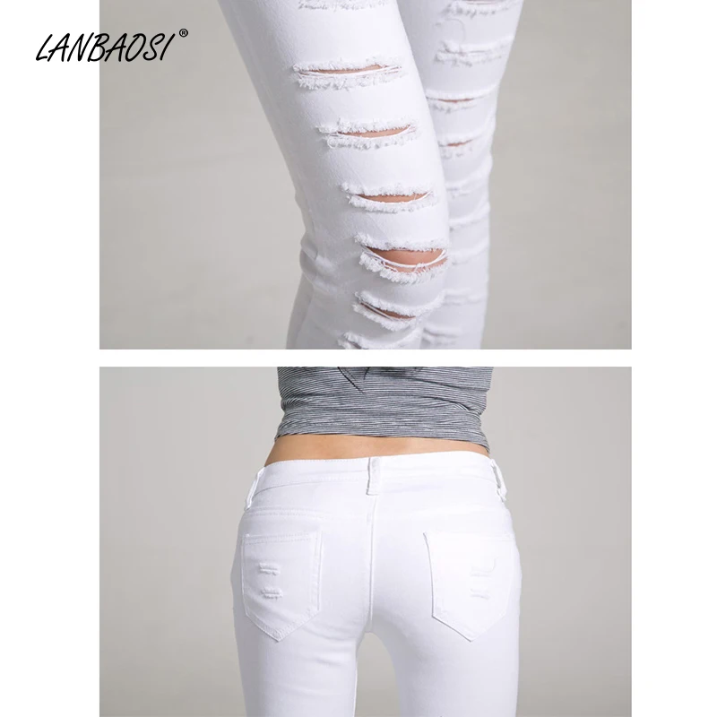 Белые рваные джинсы LANBAOSI для женщин повседневные Стрейчевые брюки-карандаш