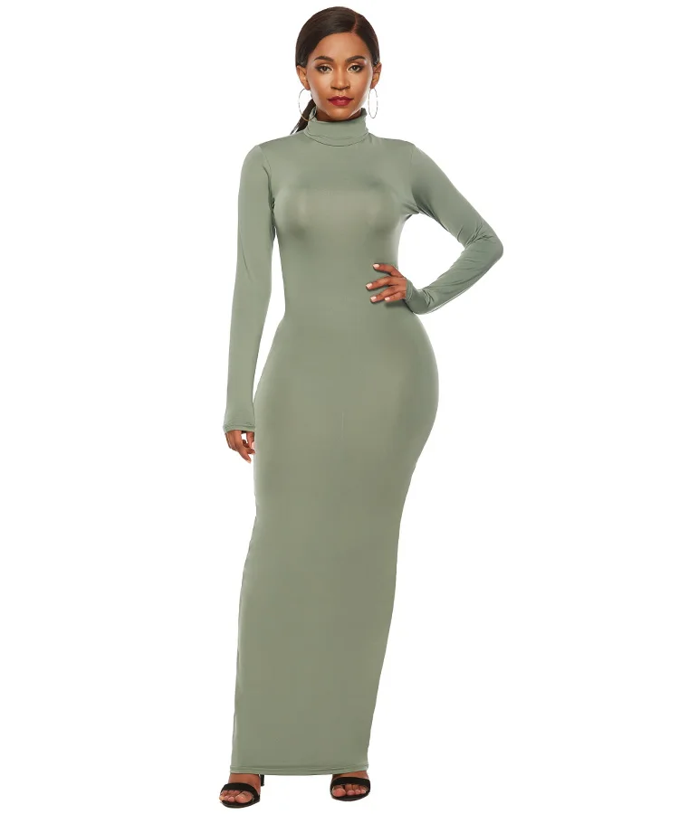 RL5231-green Длинное облегающее осенне-зимнее женское платье, однотонное Тонкое Платье макси с высоким воротом, большие размеры - Цвет: RL5231-green