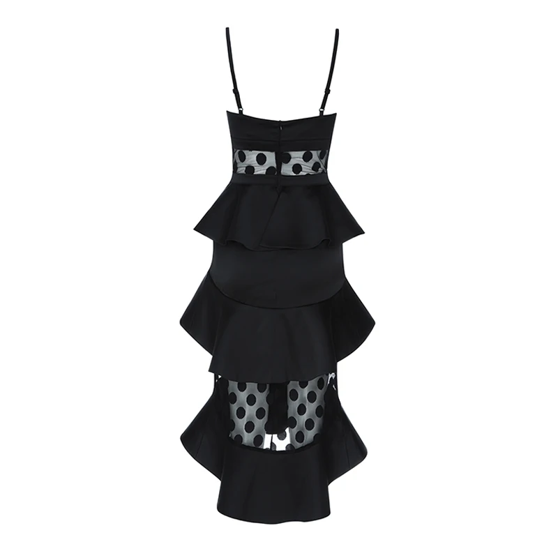 

Max Spri 2019 New Fashion Style Black Women Dress Lace Tiered Spaghetti Straps Mermaid Midi Dress