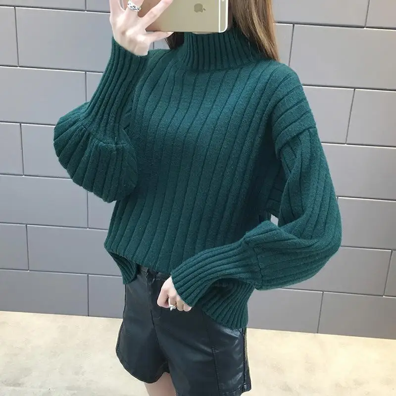 2020 Winter Sweater Women Fashion Simple Lantern Sleeves High Collar Solid Color Knitting Bottom Comfort Joker Pullovers USWMIE | Женская