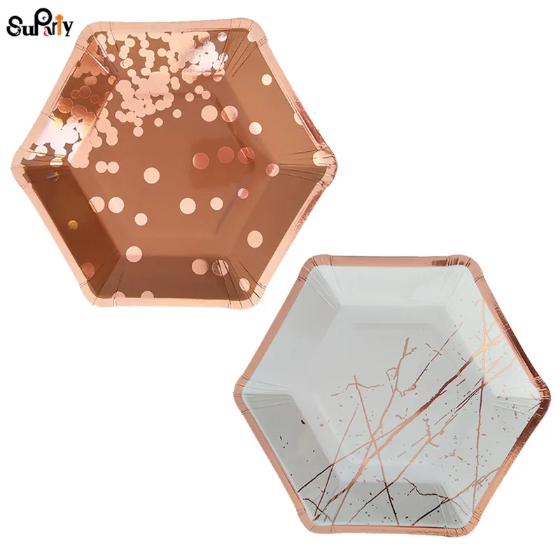 Rose Set 16 шт. 7 дюймов фольга розовое золото бумажные тарелки для дня рождения свадебные принадлежности украшения блюдо для торта одноразовые подарки для детского душа - Цвет: Rose Set