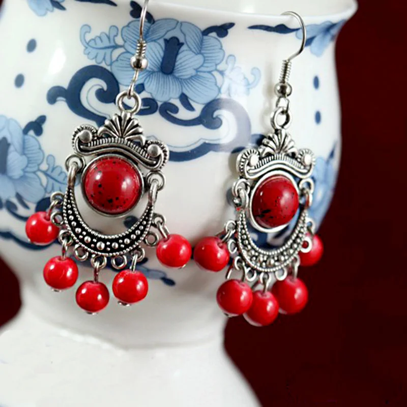 Женские серьги подвески из цинкового сплава черные и красные с натуральным