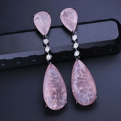 pink-black plated Newranos, длинные висячие серьги, зеленый сплав, камень с кубическим цирконием, висячие серьги, вечерние ювелирные изделия, женские модные ювелирные изделия EFX001862 - Окраска металла: pink-black plated