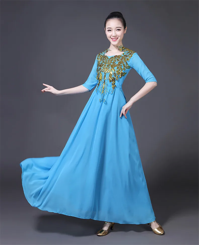 Китайский Hanfu хор представление Платье Женская юбка взрослый современный танец хост среднего возраста и пожилых выступлений платья