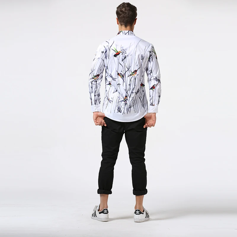 Прямая поставка, модные мужские рубашки с длинным рукавом, camisa masculina, мужская рубашка в китайском стиле, рубашка с цветочным узором и птицами, chemise homme