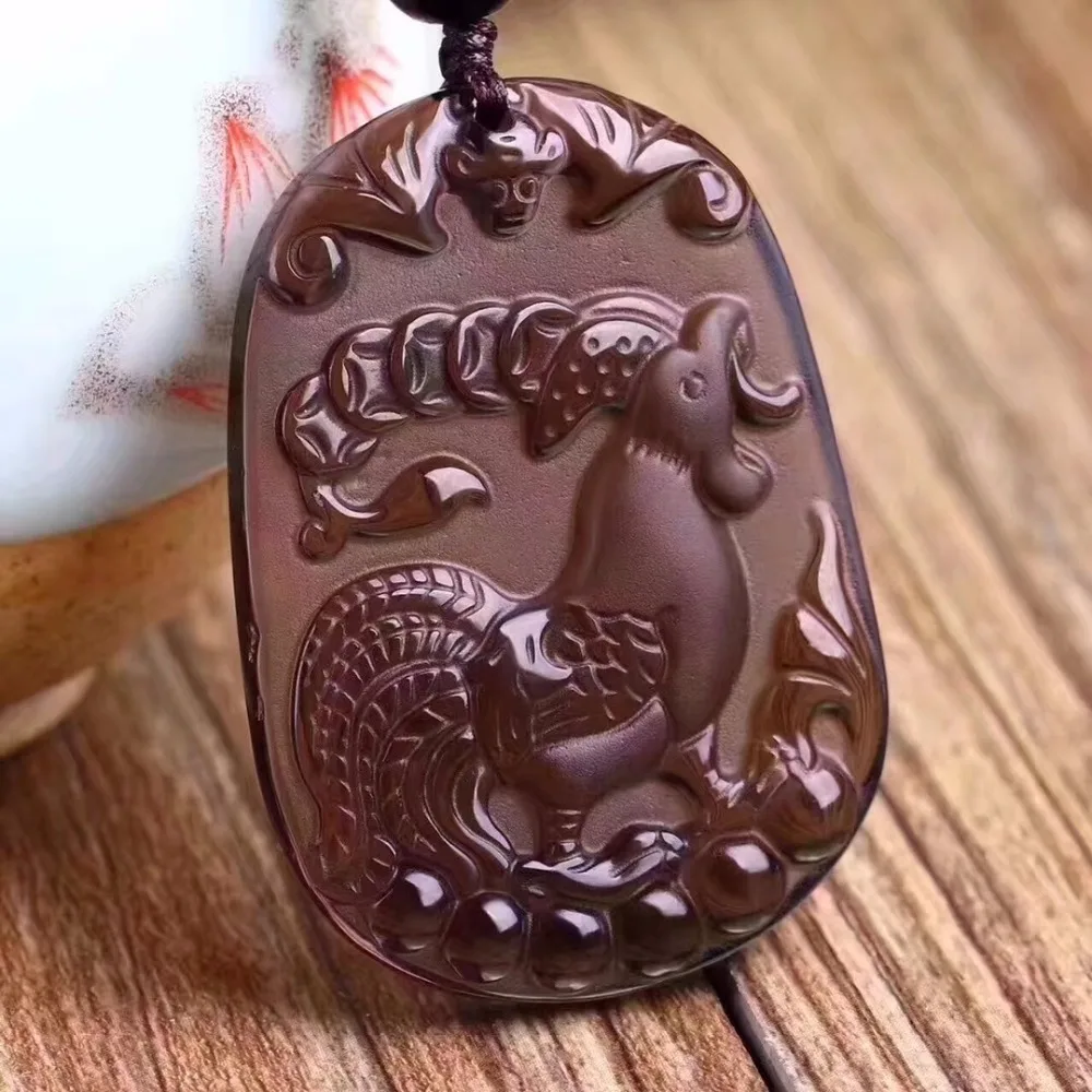 Кулон в виде курицы из натурального ледяного обсидиана + 6 мм Цепочка Из Бисера