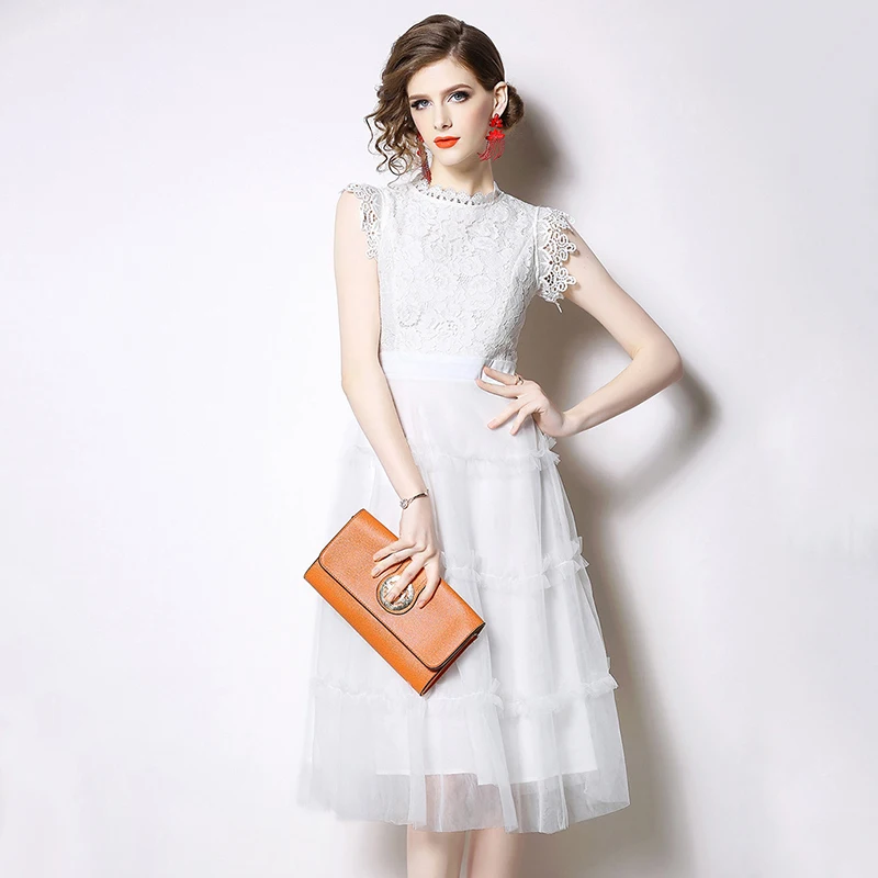 Trytree летнее осеннее платье женское повседневное кружевное с круглым вырезом без