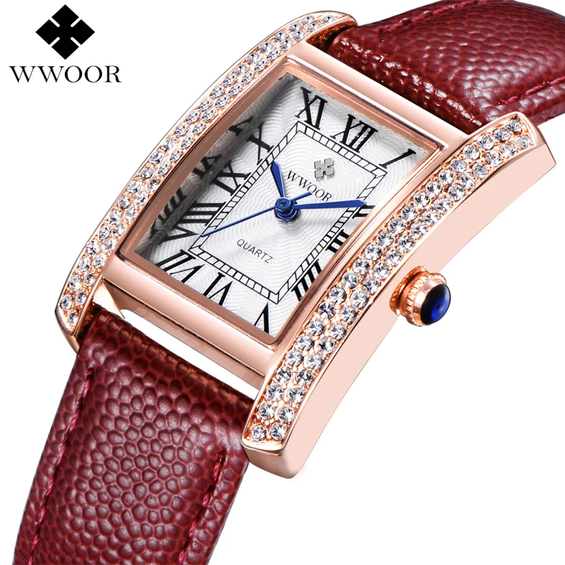Бренд wwoor для женщин часы кожа квадратный reloj mujer Элитная одежда дамы кварцевые