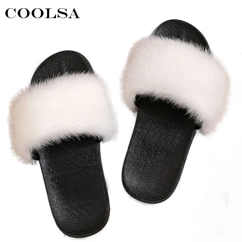 Coolsa/роскошные женские сандалии на натуральном норковом меху пушистые шлепанцы