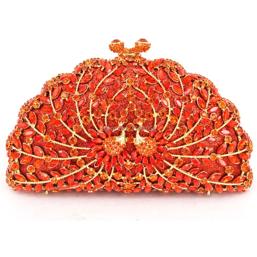 Вечерняя сумка с красными стразами и маленьким оранжевым павлином Сумка шипами