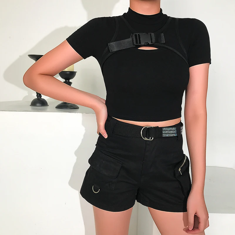 HEYounGIRL с вырезами короткий рукав черный короткий топ футболка женская готическая Повседневная Базовая футболка Женская Корейская Harajuku футболка Femme