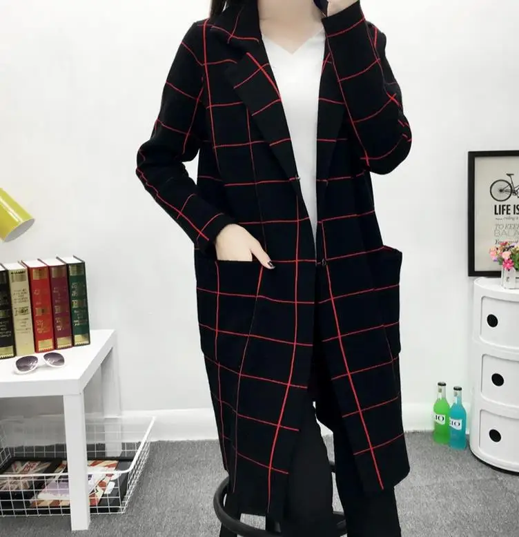 Женский клетчатый кардиган длинный Повседневный вязаный пальто размера плюс |