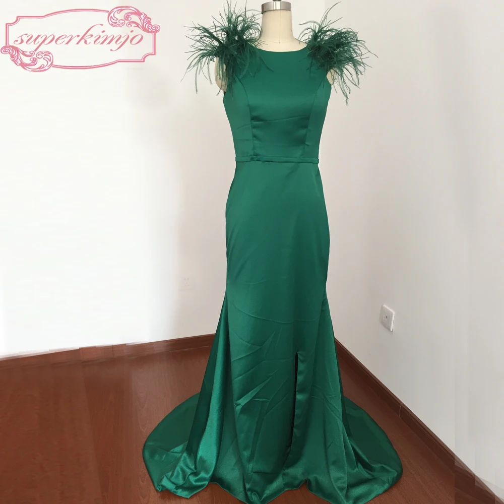 

Actual Image Evening Dresses Gowns Backless Crew Neckline Feather Beading Lace Appliques Mermaid Green Prom Dresses Real Picture