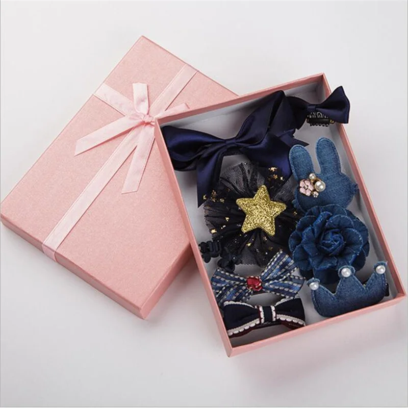 Темно-синий 10Pcs/Set New Girls Hair Accessories Cute Gift Box Flower Hair Clip Hair Bows Bunny Hairclip Star Barrette Pearl Heart Headdress - Цвет: Темно-синий